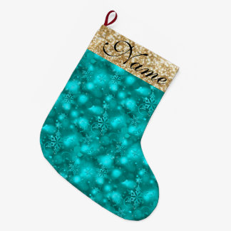Sparkly Snöflingor, Teal & Guld Glitter - Stor Julstrumpa