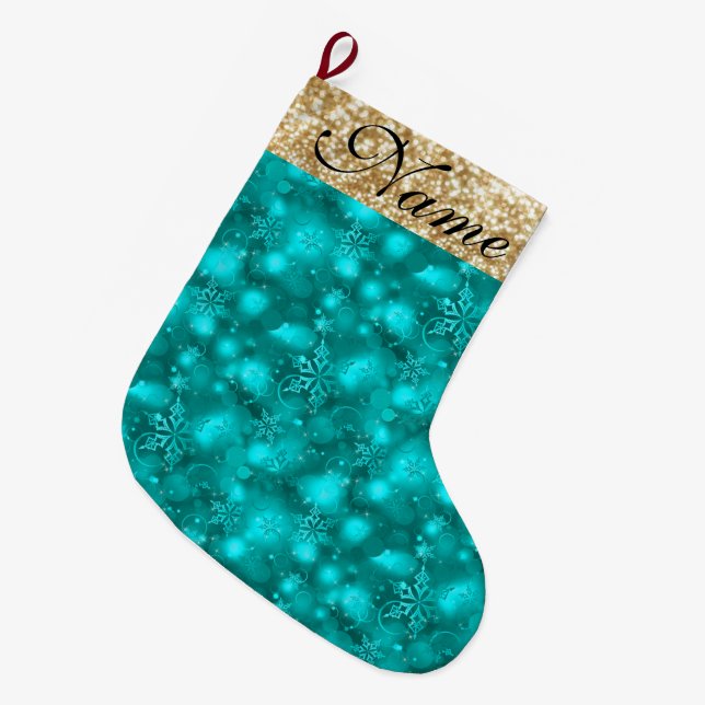 Sparkly Snöflingor, Teal & Guld Glitter - Stor Julstrumpa (Framsidan (Hängande))