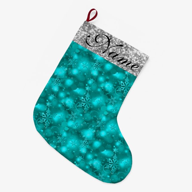 Sparkly Snöflingor, Teal & Silver Glitter - Stor Julstrumpa (Framsidan (Hängande))