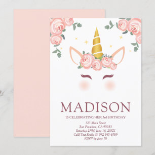 Sparkly Stars och Flowers Unicorn Birthday Inbjudningar