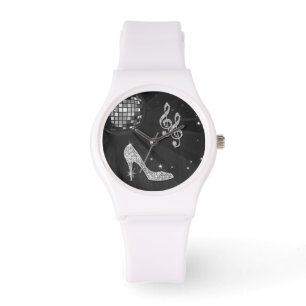 Sparkly svart musik noterar & stiletthälet armbandsur