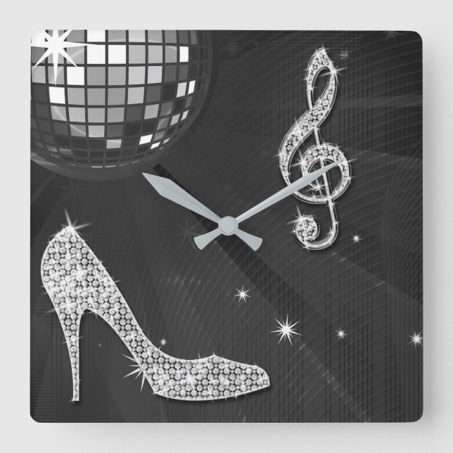 Sparkly svart musik noterar & stiletthälet fyrkantig klocka (Framsida)