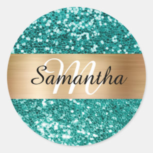 Sparkly Teal Glitter Guld Shimmer Monogram Runt Klistermärke