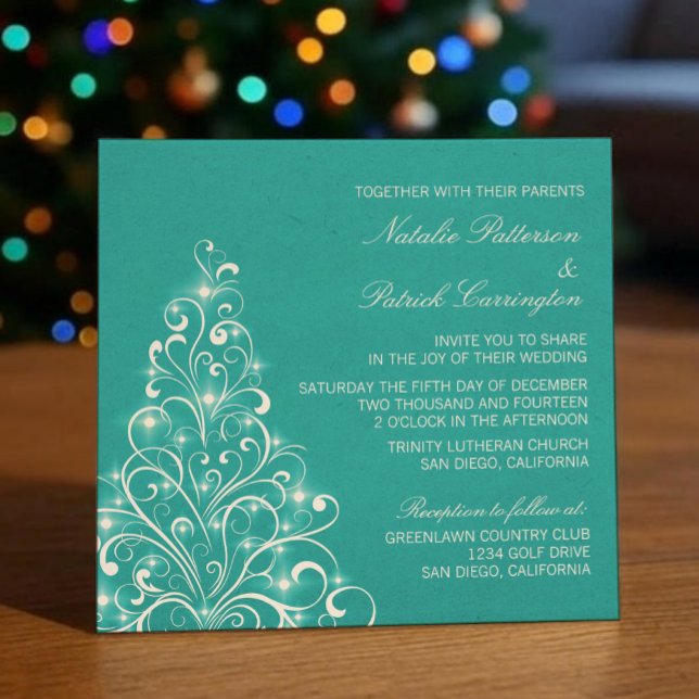 Sparkly Träd bröllopsinbjudan, Aqua Inbjudningar (Aqua Sparkly Holiday Tree Wedding Invitation)