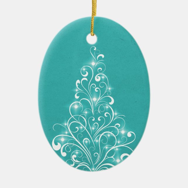 Sparkly Träd Oval Ornament, Aqua Julgransprydnad Keramik (Framsidan)