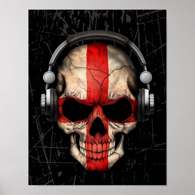 Spärrat engelskt Dj Skull med hörlurar Poster (Framsidan)