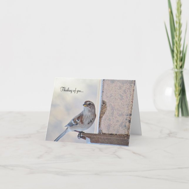 Sparrow and Feeder - Thinking of You - Blank Card Kort (Framsida)