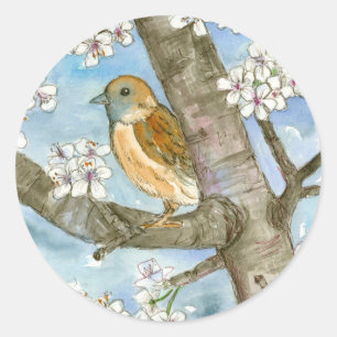 Sparrow Bird Blommar Träd Watercolor Painting Runt Klistermärke