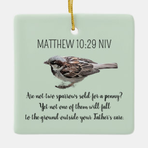 Sparrow Bird Cast Your Cares Bible Verse Grönt Julgransprydnad Keramik