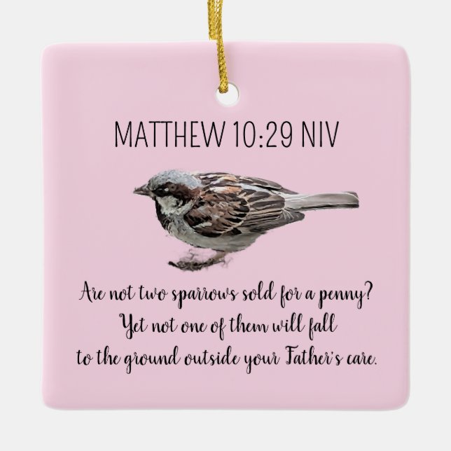 Sparrow Bird Cast Your Cares Bible Verse Rosa Julgransprydnad Keramik (Framsida)