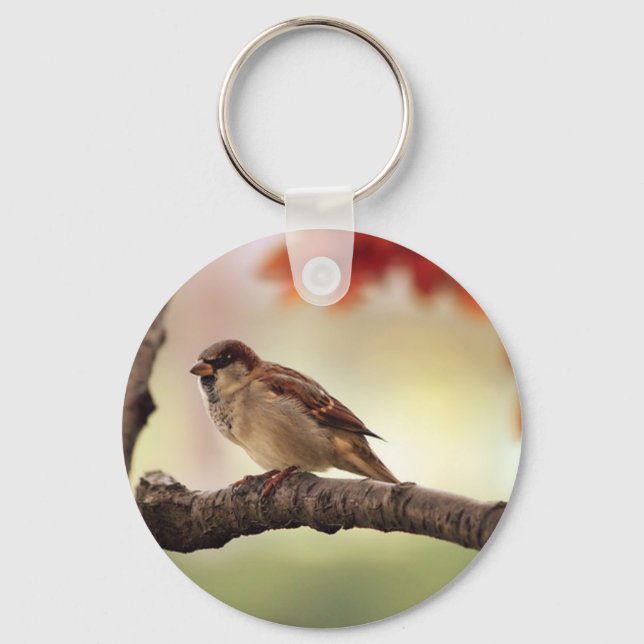 Sparrow Bird i Träd Nyckelring (Framsida)