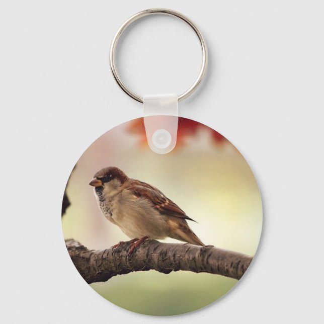 Sparrow Bird i Träd Nyckelring (Framsida)