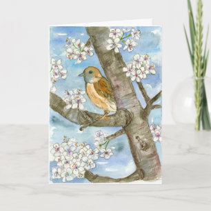 Sparrow Bird Vår Blommar Träd Grattis på födelseda Kort