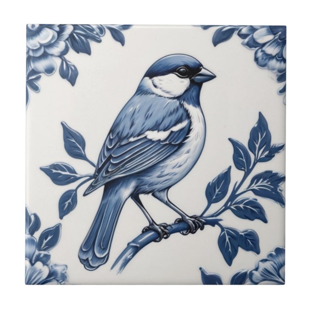 Sparrow Delft Blue and White Blommigt Bird Kakelplatta (Framsidan)