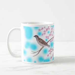 Sparrow i Cherry Blommar Träd Himlar Mugg