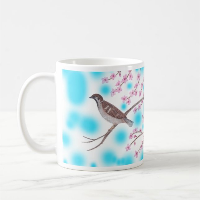 Sparrow i Cherry Blommar Träd Himlar Mugg (Vänster)