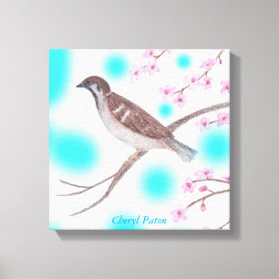 Sparrow i Cherry Blommar Träd Himlar Wrapped Canva Canvastryck