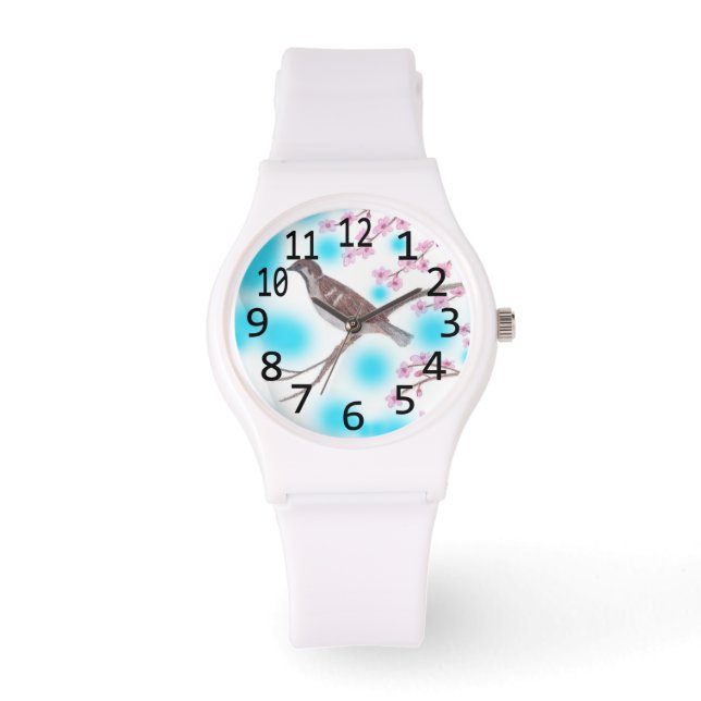 Sparrow i fylkena i Blommar Träd Himmel Armbandsur (Framsida)