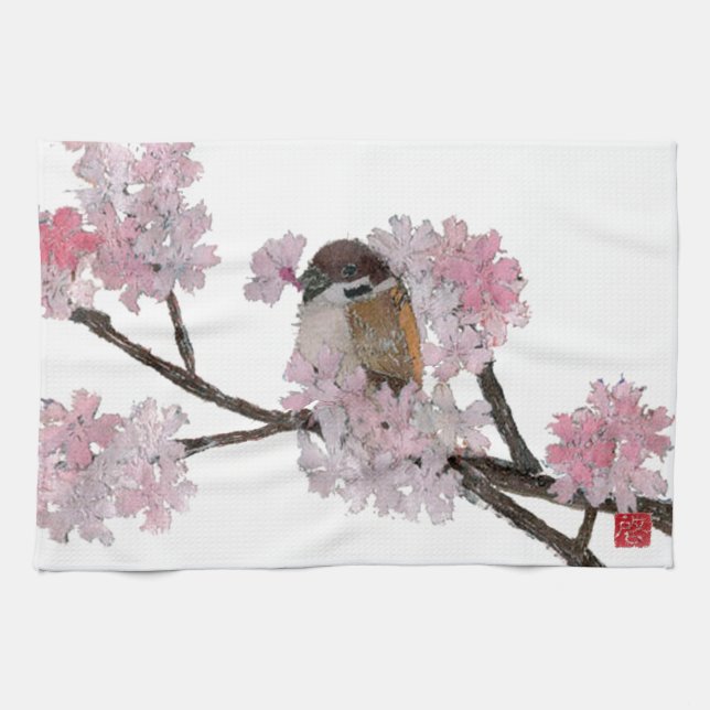 Sparrow körsbärblommar kökshandduk (Horisontell)
