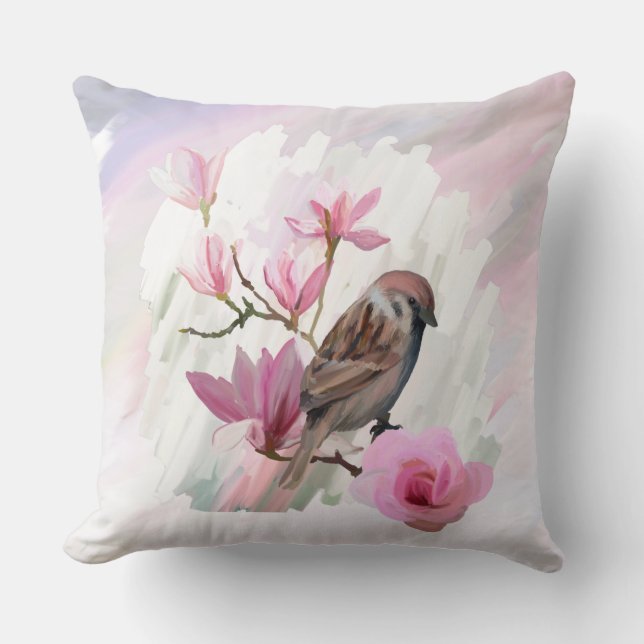 Sparrow Magolia Blommigt Dekorativ kudde (Framsida)
