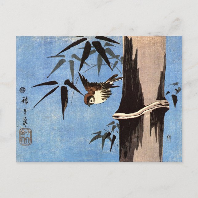 Sparrow och bambu, Ando Hiroshige Vykort (Framsida)