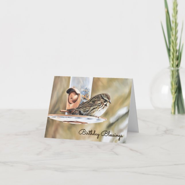 Sparrow och. Feeder - födelsedagskort Kort (Framsida)