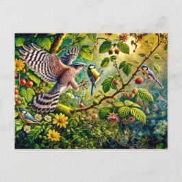 Sparrow och Underbar Tit vid mataren Vykort