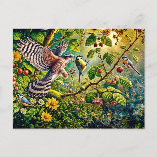 Sparrow och Underbar Tit vid mataren Vykort (Framsida)