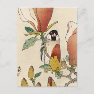 Sparrow om Blooming Magnolia Gren av Ohara Koson Vykort
