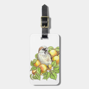 Sparrow på en aprikot gren bagagebricka