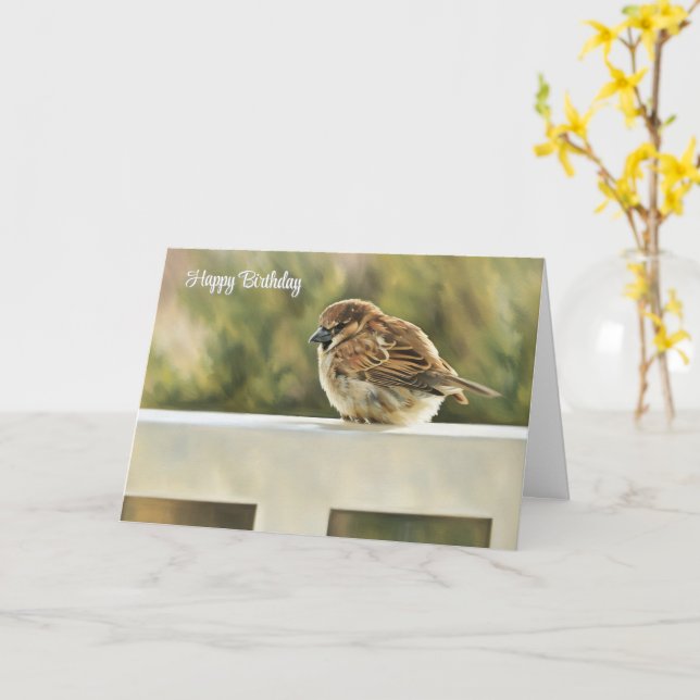 Sparrow på järnväg - födelsedagskort kort (Gul blomma)