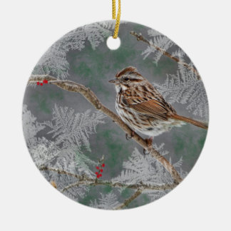 Sparrow på ornamant ris julgransprydnad keramik
