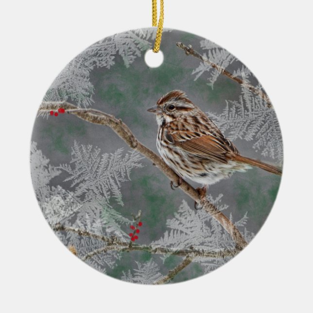 Sparrow på ornamant ris julgransprydnad keramik (Framsidan)