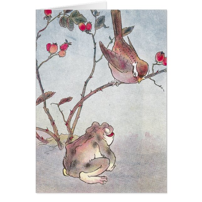 Sparrow, padda & rosa höfter hälsningskort (Framsidan)