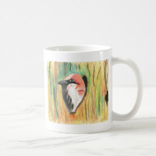 sparrow som nå en höjdpunkt från trava kaffemugg