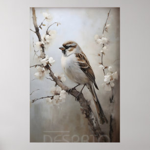 Sparrow Spring Skogs Tryck, Rustik Fågel Barnkamma Poster