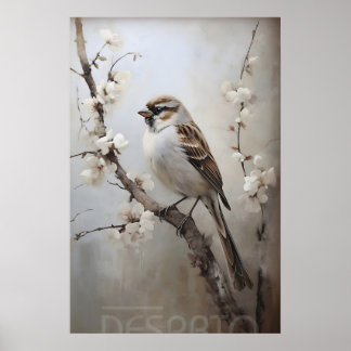 Sparrow Spring Skogs Tryck, Rustik Fågel Barnkamma Poster