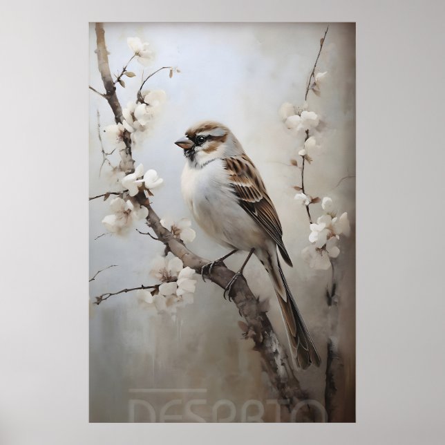 Sparrow Spring Skogs Tryck, Rustik Fågel Barnkamma Poster (Framsidan)
