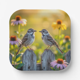 Sparrows and Cone Flowers by a Wood Fence