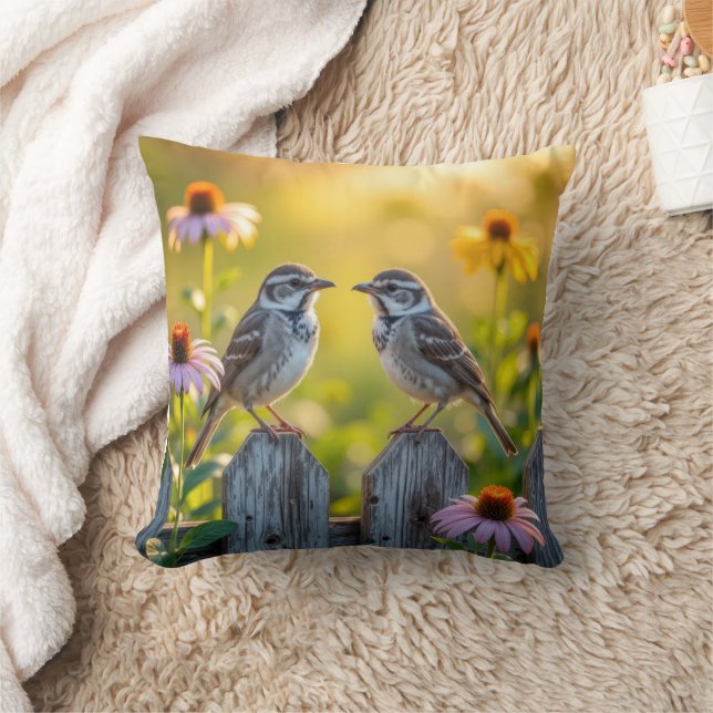 Sparrows and Cone Flowers by a Wood Fence Kudde (Filt)