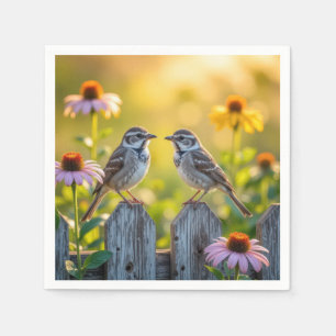 Sparrows and Cone Flowers by a Wood Fence Pappersservett