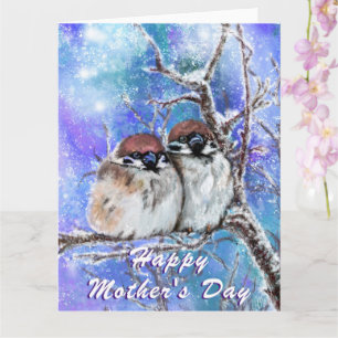 Sparrows Family in Winter Mors dag Card Kort
