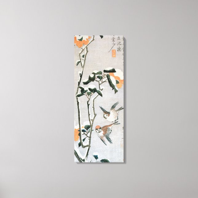 Sparrows och Camellia i Snö av Ando Hiroshige Canvastryck (Framsida)