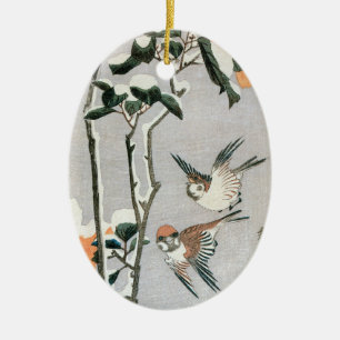 Sparrows och Camellia i Snö av Ando Hiroshige Julgransprydnad Keramik