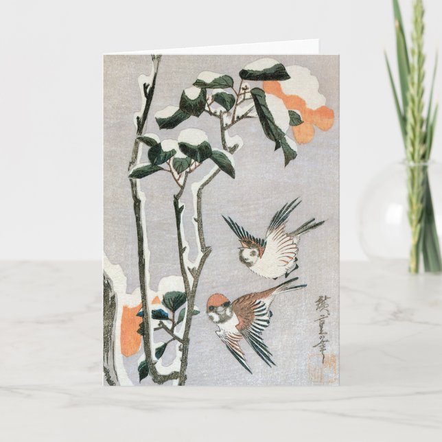 Sparrows och Camellia i Snö av Ando Hiroshige Kort (Framsida)