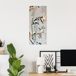 Sparrows och Camellia i Snö av Ando Hiroshige Poster