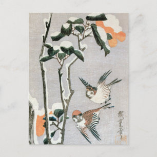 Sparrows och Camellia i Snö av Ando Hiroshige Vykort