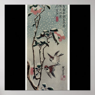 Sparrows och Camellias i snön circa 1830's Poster