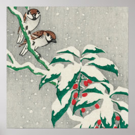 Sparrows om Snowy Berry Bush av Ohara Koson Poster