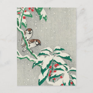Sparrows om Snowy Berry Bush av Ohara Koson Vykort